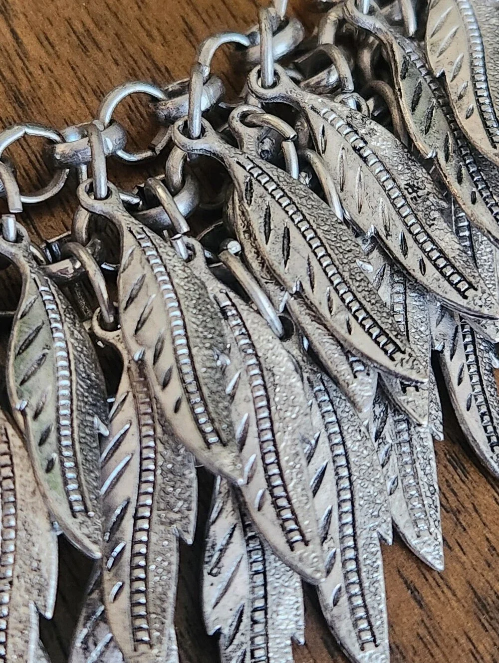BOHO BURNISHED SILVER MULTI LAYER FEATHER BIB STATEMENT NECKLACE FESTIVAL